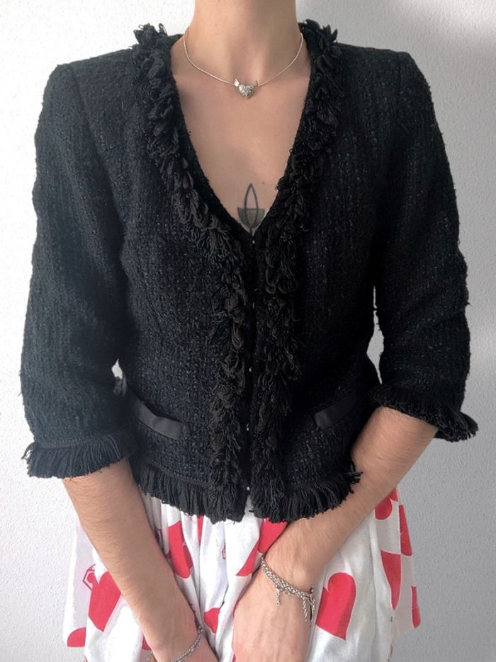 Veste blazer tweed froufrou noir fil argent laine Vintage / Apart - 34/XS ร 36/S - photo numรฉro 4