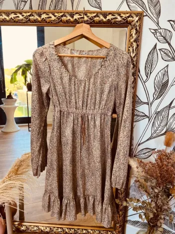 Taille S ~ 36 robe fluide femme DDP beige à petites fleurs bleues 🌺