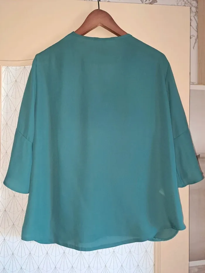 Blouse femme comme neuve bleu canard vert épaule dénudées petits nœuds promod 44 taille 42/44 - photo numéro 4