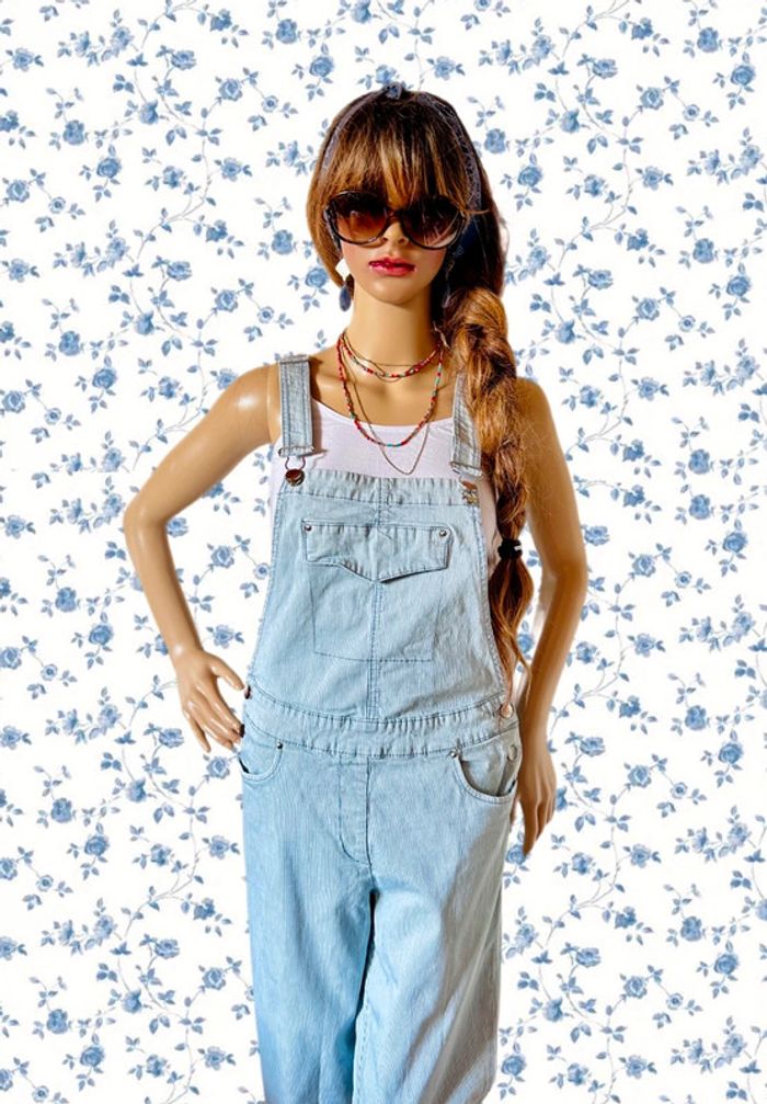 🩵Salopette longue rayée vintage 2000 Y2K white blue striped overalls🩵 - photo numéro 3