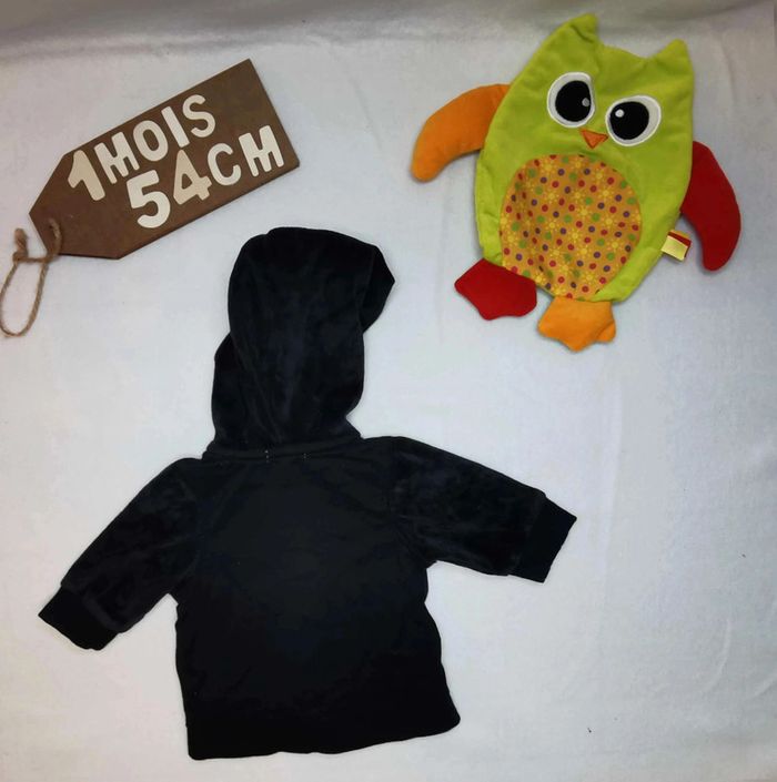 Veste 👣 sweat noire velours et tissu à capuche Kitchoun 1mois/54cm - photo numéro 6