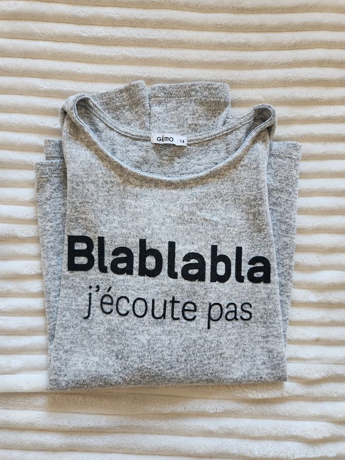 Pull fille 14 ans Gémo – gris chiné – message – très bon état - photo numéro 6