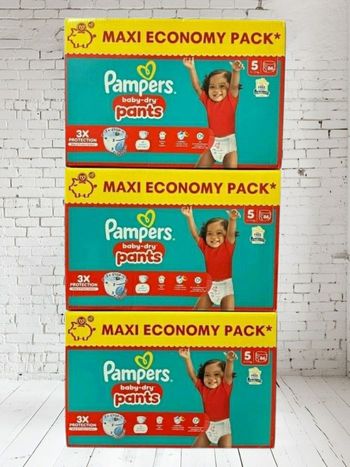 258 COUCHES PAMPERS TAILLE 5 PANTS BABY DRY (3 CARTONS)