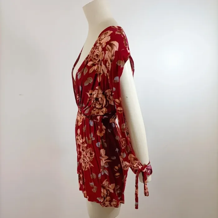 Combishort rouge fleuri décolleté cache-cœur taille XL manches longues nouées A1561 - photo numéro 8