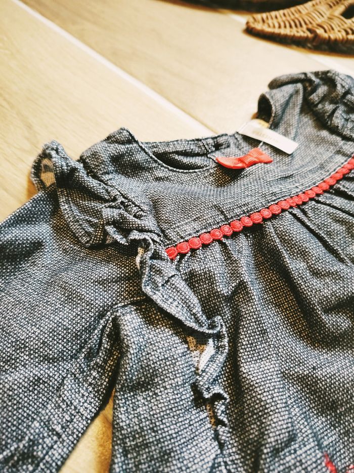 👗Orchestra - Robe à manches longues gris chiné liseré et noeud rouge Taille 6 mois - photo numéro 5