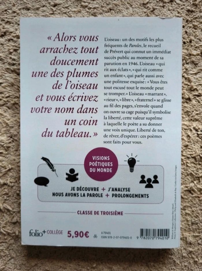 Recueil de poésies Parolesde Jacques Prévert œuvre de Troisième Folio+ Collège - photo numéro 2