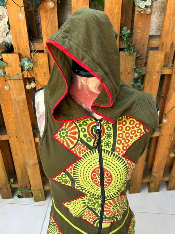 Veste longue gilet sans manches dipawali himitsu taille S M coton - capuche lutin kaki Népal - photo numéro 2