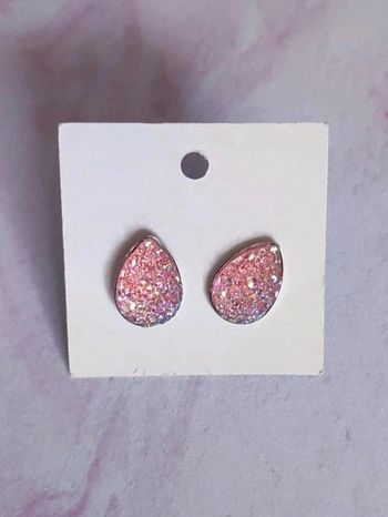 Boucles puces d'oreilles goutte strass rose holographique inox  🇨🇵 Fabrication Artisanale - Ø 12mm