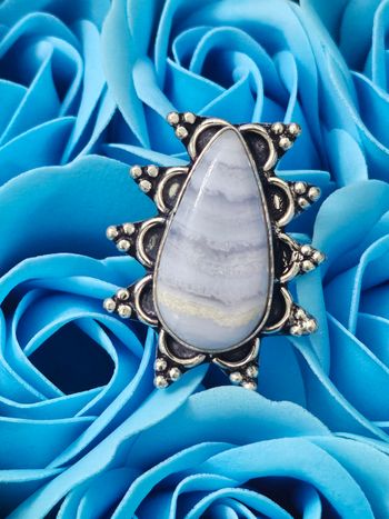 Bague texturee en argent sterling 925 avec pierre agate dentelle bleu