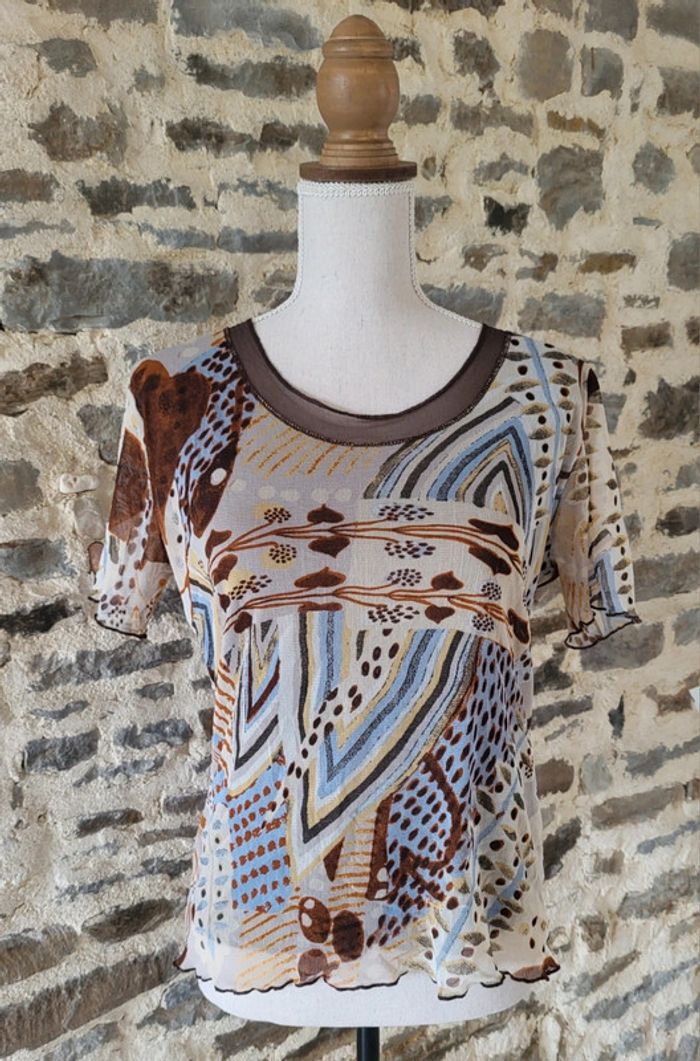 T-shirt blouse manches courtes à motifs marron bleu écru Afibel Taille 40