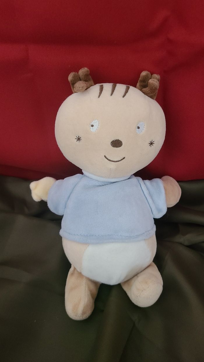 doudou cerf elan ecureuil sucre d orge beige bleu