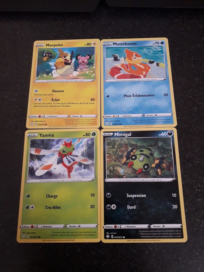 Morpeko + Mustébouée + Yanma + Mimigal lot de 4 cartes Pokémon neuves
