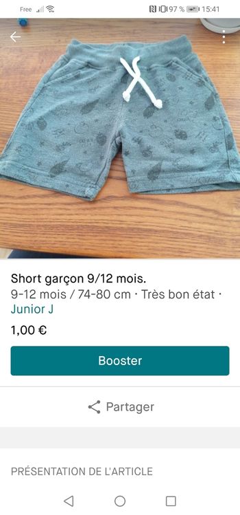 Short garçon 9/12 mois.