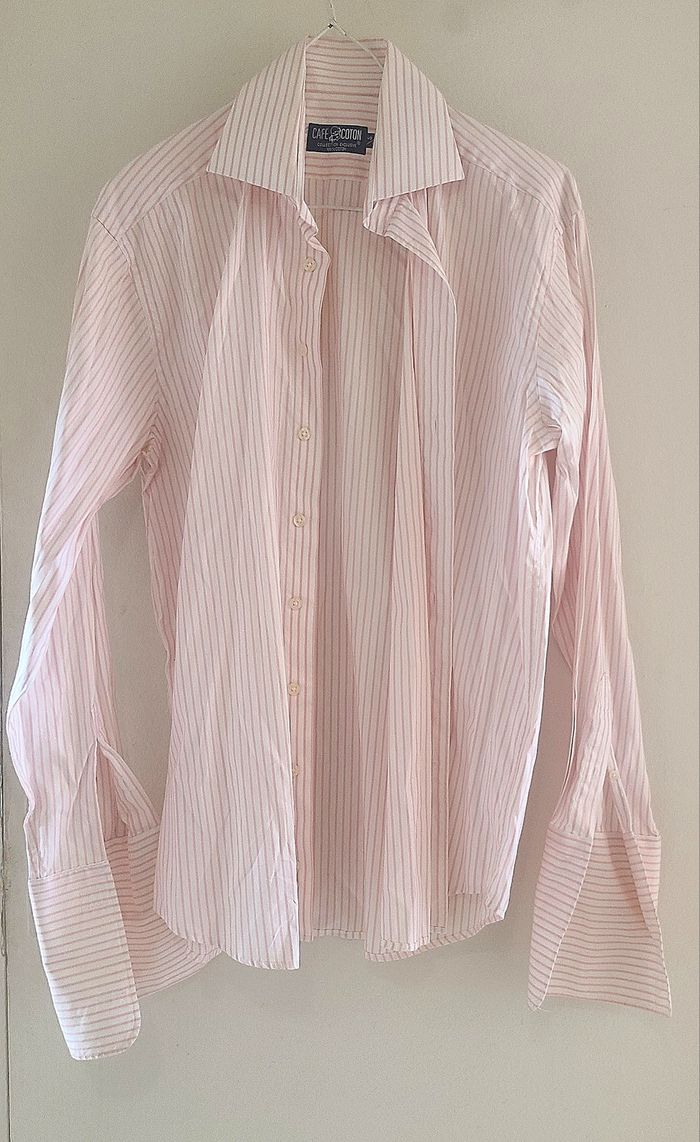 Chemise blanche à rayures rose pâle et boutons de manchette "Café Coton"