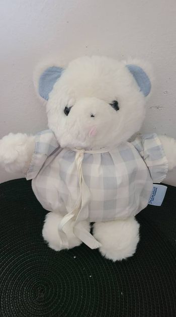 doudou ours boule tissus a carreaux bleu vintage prenatal