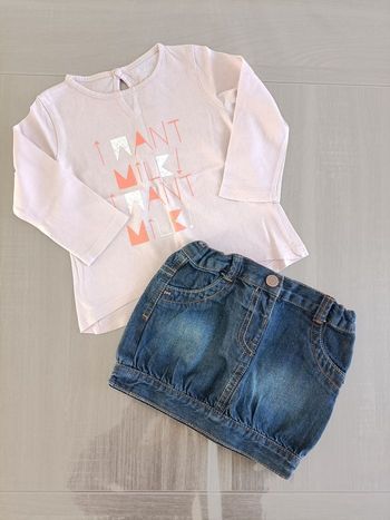 Ensemble T. Shirt manches longues/ jupe jeans 12 mois