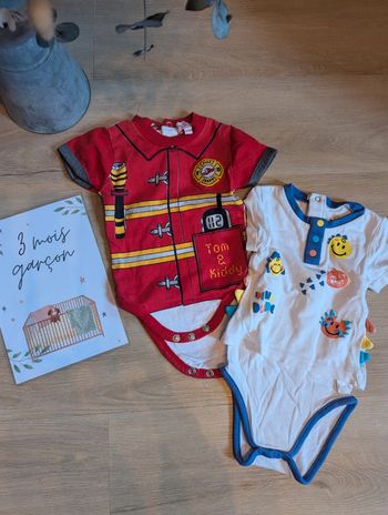 Lot bodies Pompier et dessin 3 mois