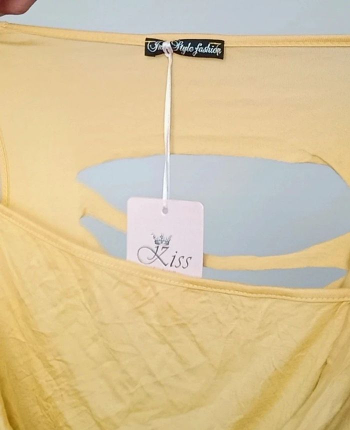 Tunique jaune dos nu ouvert frangé neuve TU - photo numéro 9