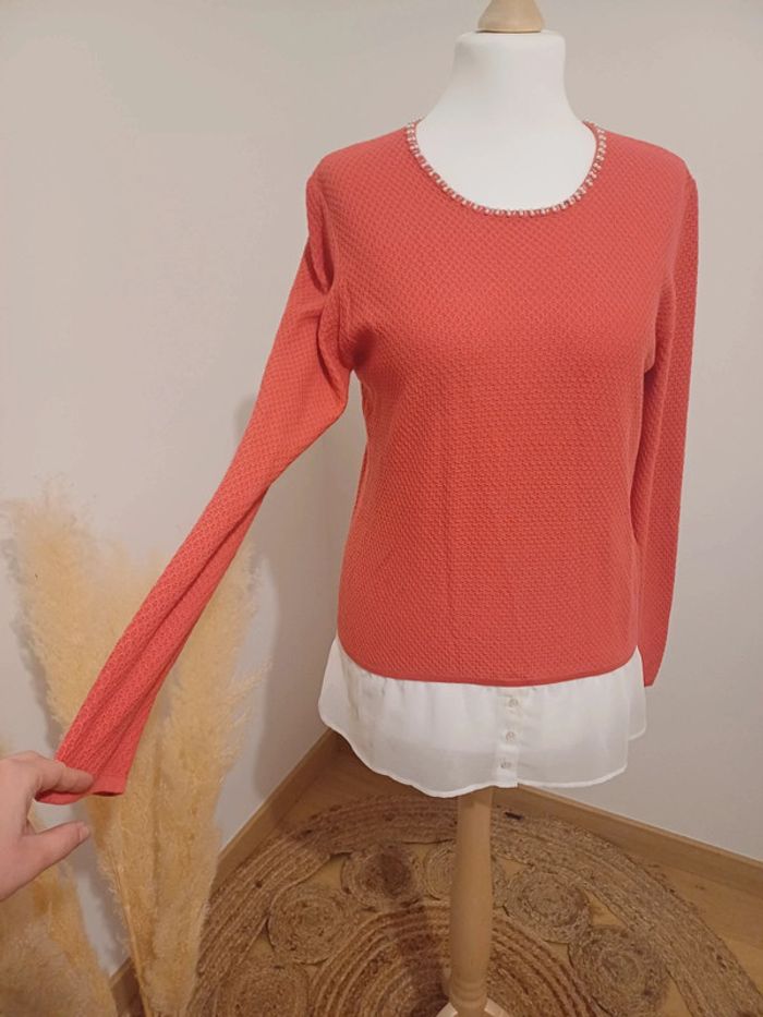 Pull chic rose/Corail avec Perles Anne Weyburn taille L 40 - photo numéro 6