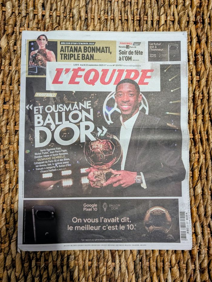 Journal L'Équipe 23 Septembre 2025 Ousmane Dembélé Ballon d’Or et Victoire de Marseille PSG 1-0