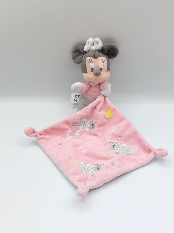 Doudou peluche Minnie DISNEY BABY mouchoir rose gris blanc étoiles lune moutons