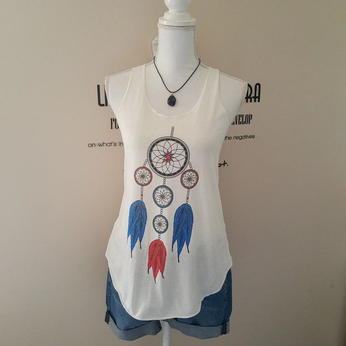 Tunique longue débardeur polycoton blanc motif plumes bohème taille unique