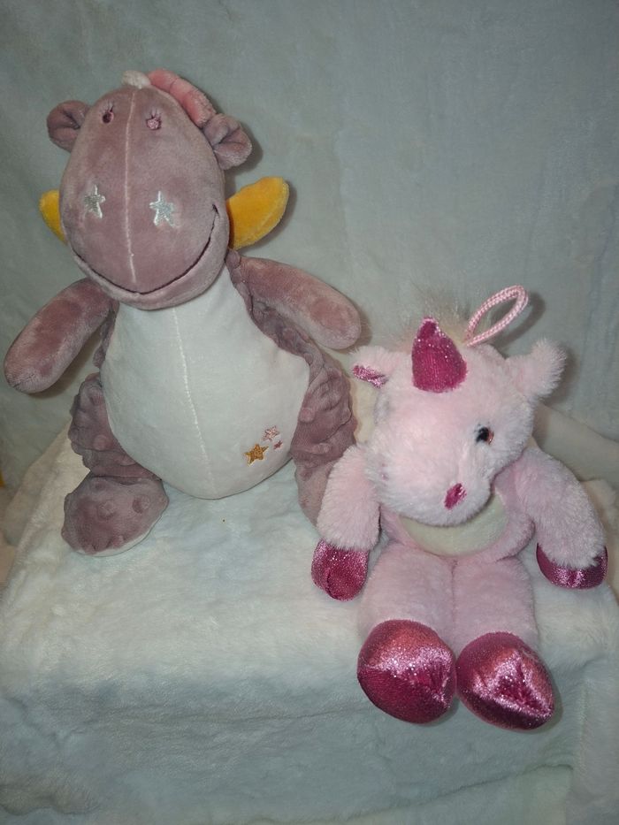 Peluches dragon Noukie's + licorne Rodadou