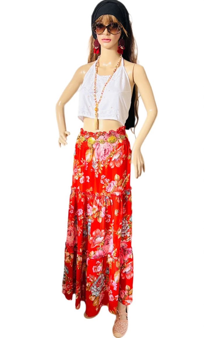 🌺 Longue jupe bohème fleurie hippie ROXY vintage 90s 00s gypsy long floral skirt🌺 - photo numéro 10