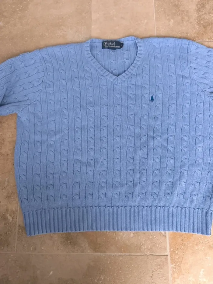 Pull col V torsadé Ralph Lauren L bleu logo marine excellent état - photo numéro 8