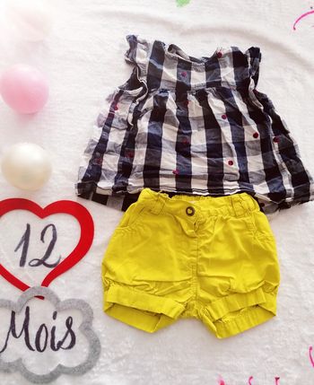 Ensemble deux pièces short + blouse manches courtes 12 mois