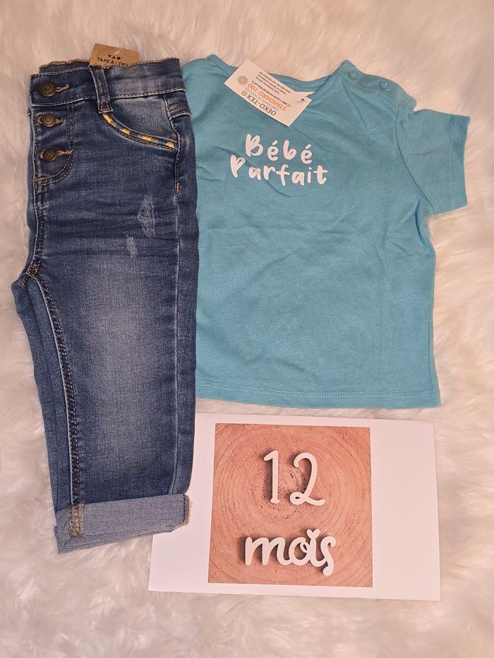 Neufs (non portés) 🏷🤩😍💙ensemble tee shirt mc et jeans  12 mois garçon 💙🤩😍 - photo numéro 2