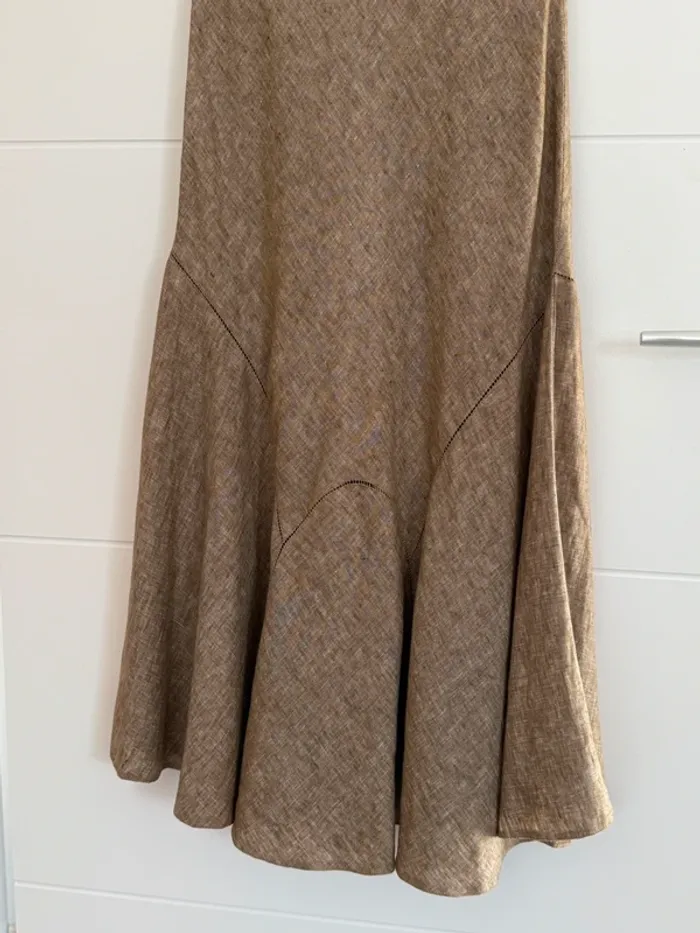 Robe longue marron bretelles été volant zip midi woman donna mujer 40 lin taupe Kleid dress Vestido - photo numéro 3