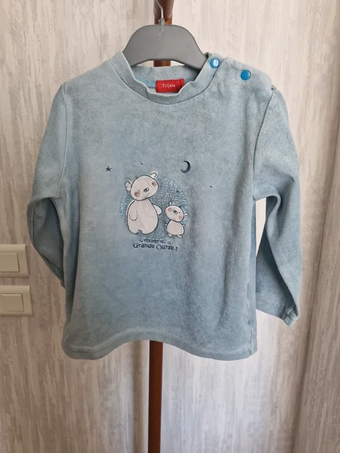 Ensemble pyjama garçon 3 ans Tissaia Oursons & étoiles bleu gris à rayure coton polyester - photo numéro 3