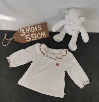 Tee-shirt 👣 col pierrot, volant fantaisie, marron et blanc, obaïbi, 3mois