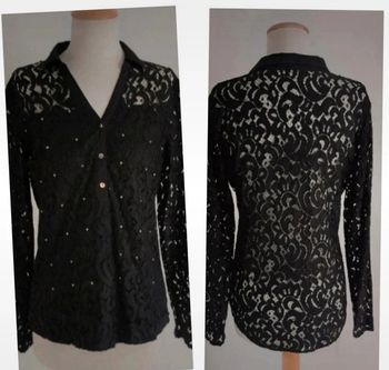 Magnifique blouse noire asymétrique en dentelle et clous dorés Madison taille 38