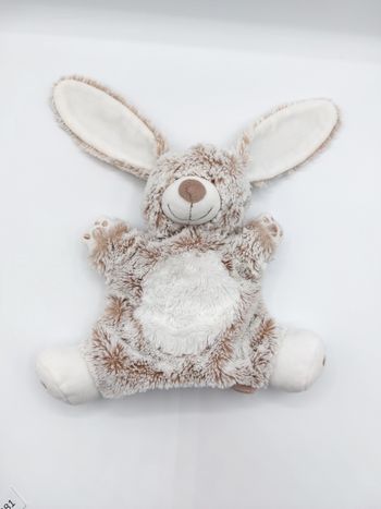 Peluche doudou lapin marionnette fourrure marron beige blanc chiné TEX