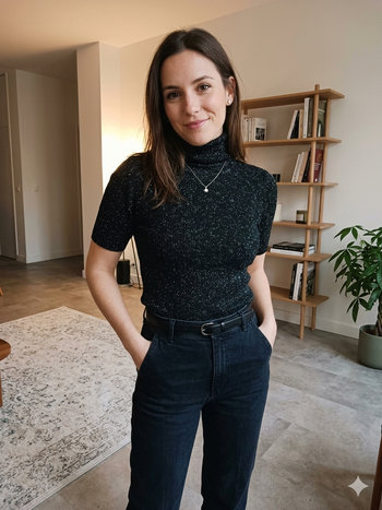 pull col roulé noir brillant côtelé manches courtes Taille 2 Camaïeu Neuf superbe