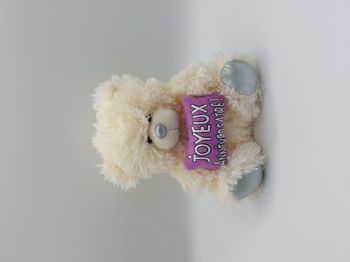 Peluche doudou ours écru argent 20 cm Joyeux anniversaire coussin mauve BAZOOKA