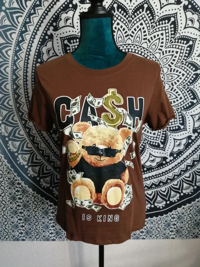Tee-shirt marron imprimé nounours billet cash / fb sister / (M) - photo numéro 2