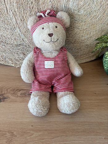 Doudou ours beige combinaison rayé rouge the baby collection nicotoy
