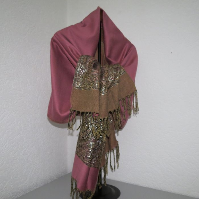 ✨ Écharpe / Châle pashmina bicolore – Rose ancien & motifs cachemire dorés ✨ - photo numéro 9