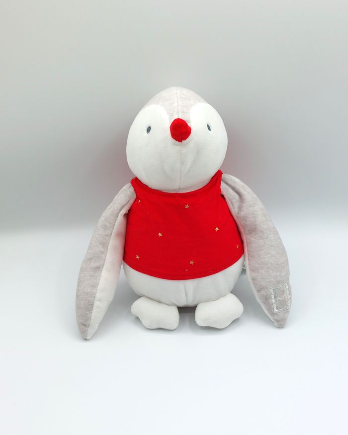 Peluche doudou pingouin blanc gris OBAIBI Okaidi tee-shirt rouge étoiles or SANS PLAID