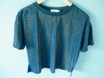 T-shirt femme DDP 36 S Bleu marine metallise irrise neuf col rond