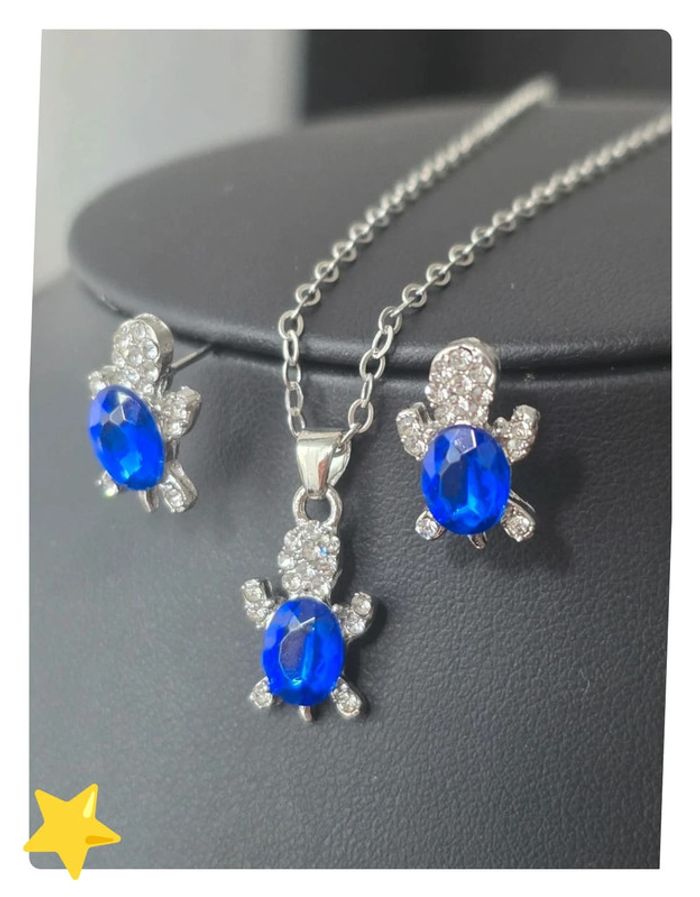 Parrure collier + pendentif + boucle d'oreilles tortue pierre d'ornement bleu - photo numéro 2