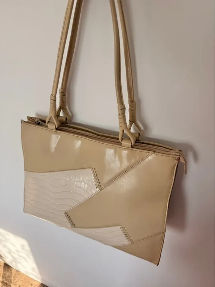 Sac main femme effet bag piel bolsa borsa zak tas Tasche Saco beige anse crème blanc croco cuir - photo numéro 3