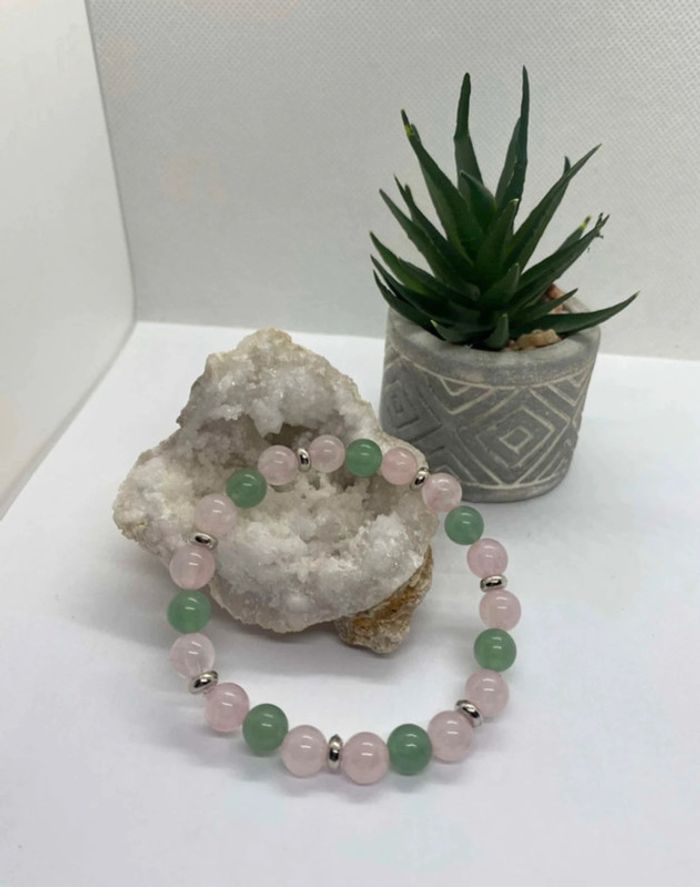 Bracelet aventurine verte et quartz rose 19 cm , lithothérapie - photo numéro 2