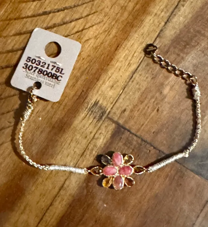 Bracelet cordons beige doré grosse fleurs quartz jade rose jaspe habaha Paris - photo numéro 6