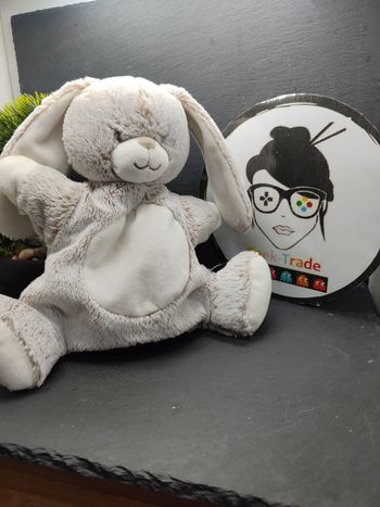 Doudou marionnette lapin blanc marron chiné Tex baby Carrefour gris Peluche Rond