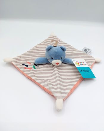 Doudou plat carré ours bleu Super U Tout petits gris blanc rose saumon poissons