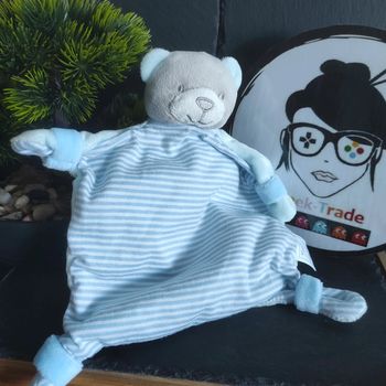 Doudou Ours PLat Bleu et Blanc Mes petits Cailloux CMP rayé rayure gris Plat